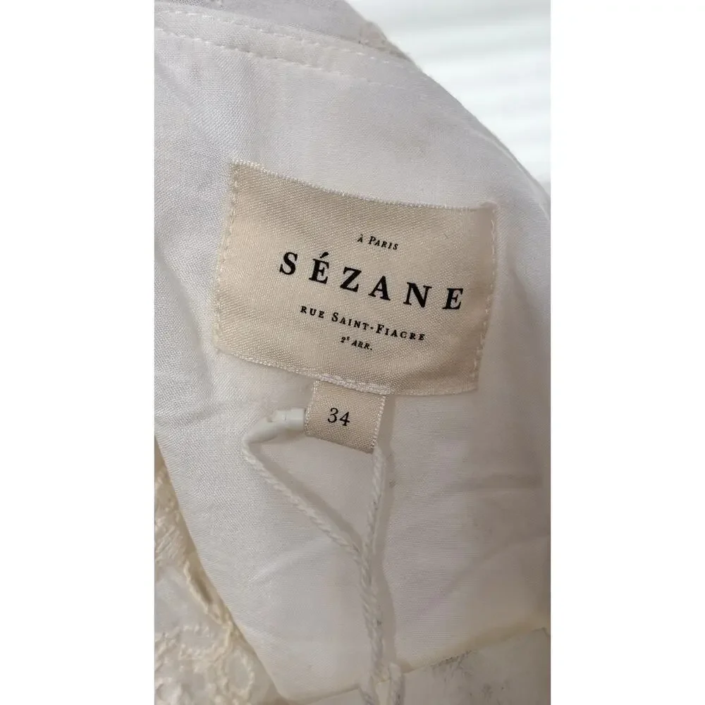 Sezane Robe Asianne Eyelet Mini Wrap Dress Womens Size 2 Ecru Cream New Flawed